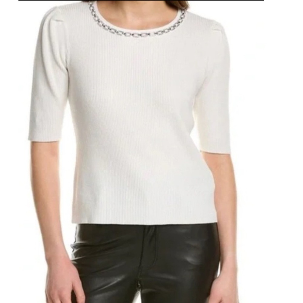 Nanette Lepore White Ribbed Knit Puff Sleeve Top Rhinestone Chain Neck Small